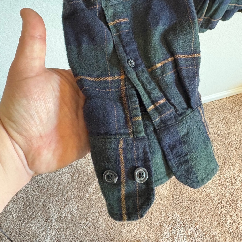 Eddie Bauer 100% Cotton Flannel Shirt - Navy, Green & Gold Plaid, Size XL - Picture 6 of 8